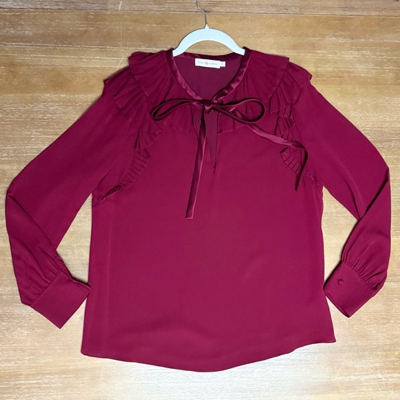 Tory Burch Tops - Tory Burch Diana Silk Blouse Ruffled Neck Lined Imperial Garnet Sz 10